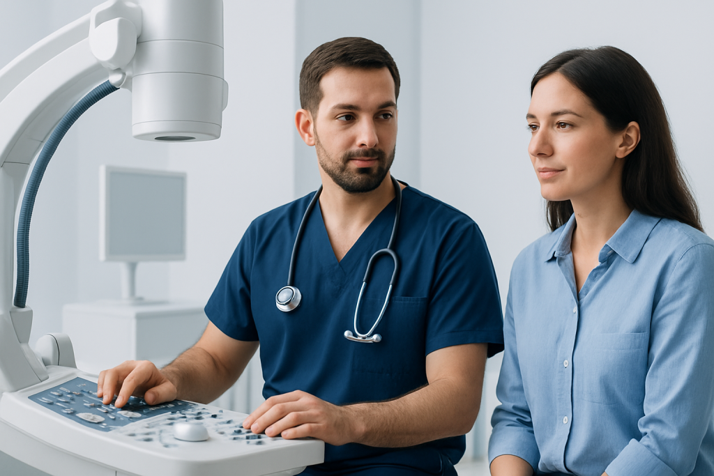 Medical professionals using ultrasound equipment in a hospital setting.