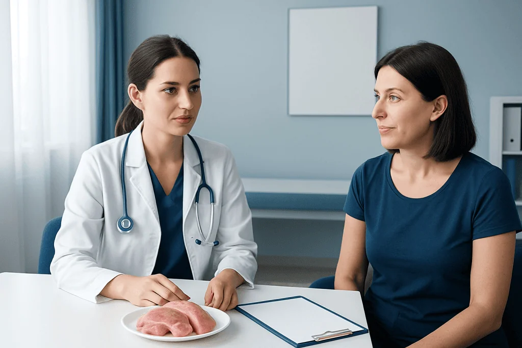 Doctor consulting with a patient about healthy eating and lean meats.