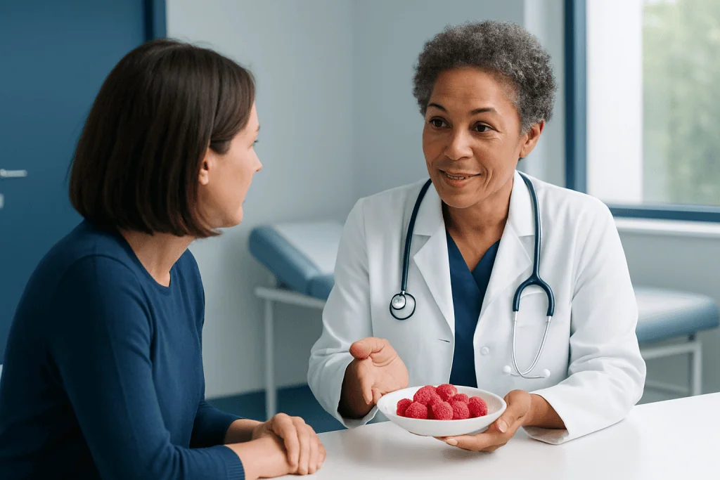 Doctor discussing raspberries with patient in a medical consultation room.