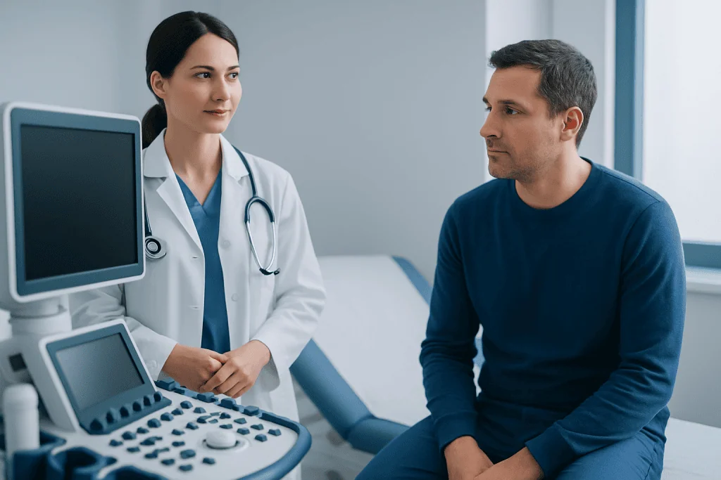 Doctor consulting patient in a modern hospital room with ultrasound equipment.