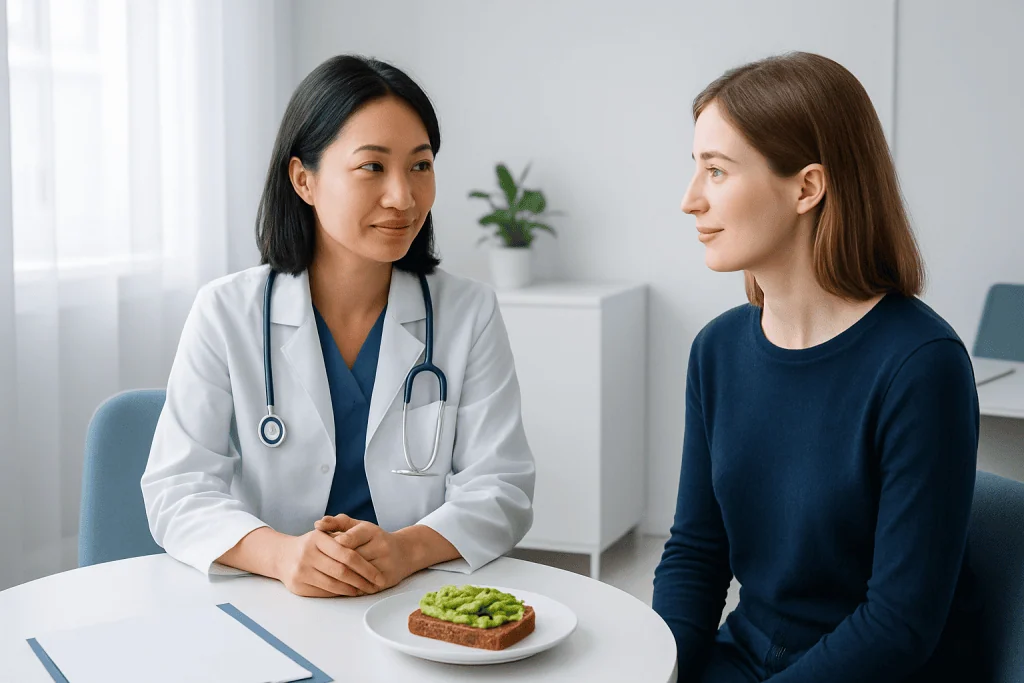 Doctor consulting patient about healthy eating and nutrition.