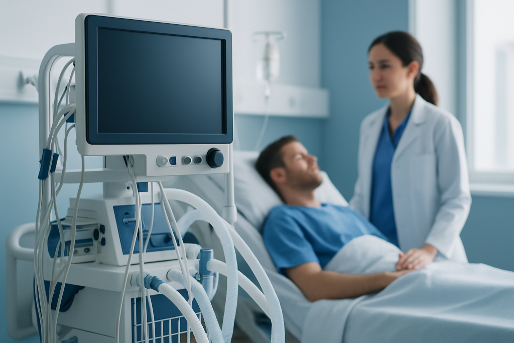 Hospital room with patient and nurse near medical equipment.