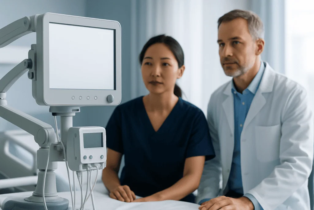 Medical professionals consulting with patient in hospital room.