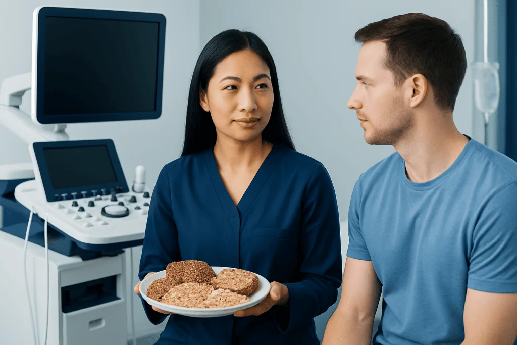 Medical professional presenting whole grains to a patient in a clinical setting.
