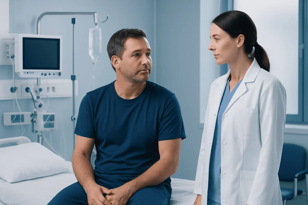 Doctor consulting male patient in hospital room with medical equipment.