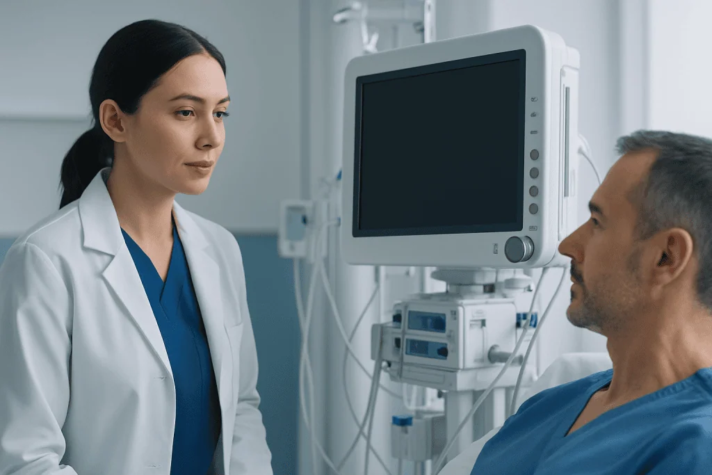 Doctor consulting with patient in hospital room with medical equipment.