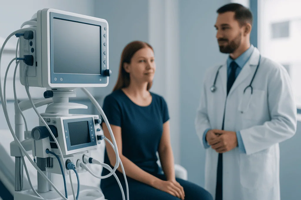 Doctor consulting a patient in a hospital room with medical equipment.