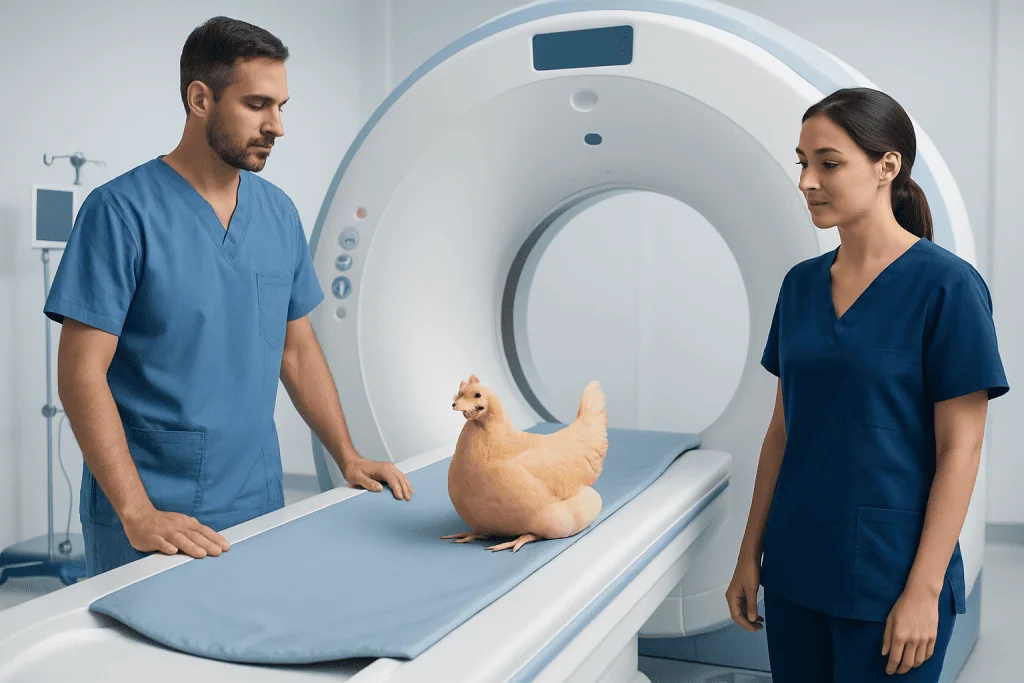 Veterinarian and technician preparing a chicken for a CT scan in a veterinary clinic.