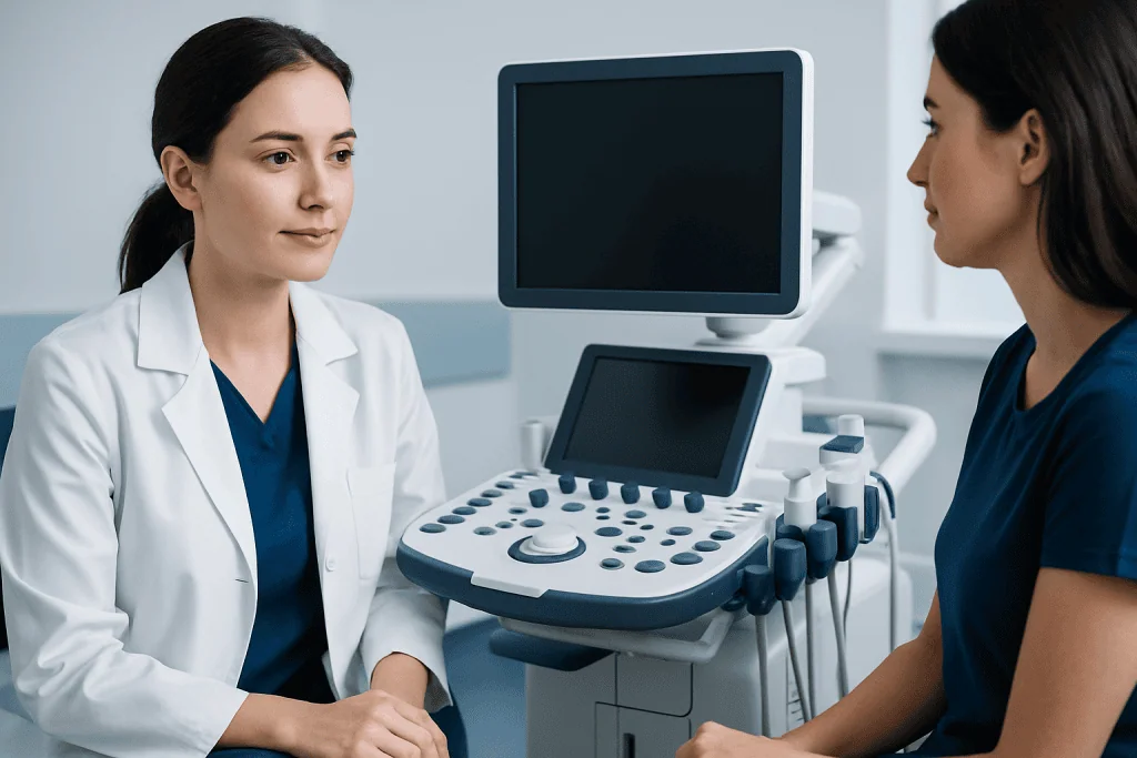 Medical consultation with ultrasound equipment at Acibadem Hospitals Group.
