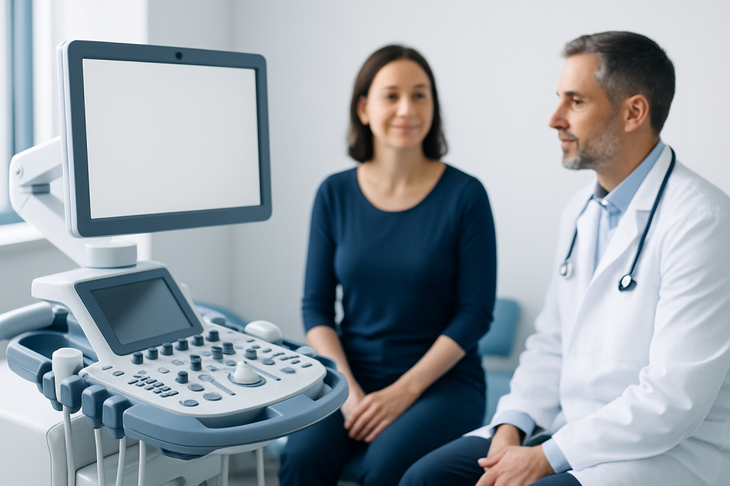 Doctor and patient during ultrasound examination at Acibadem Hospital.