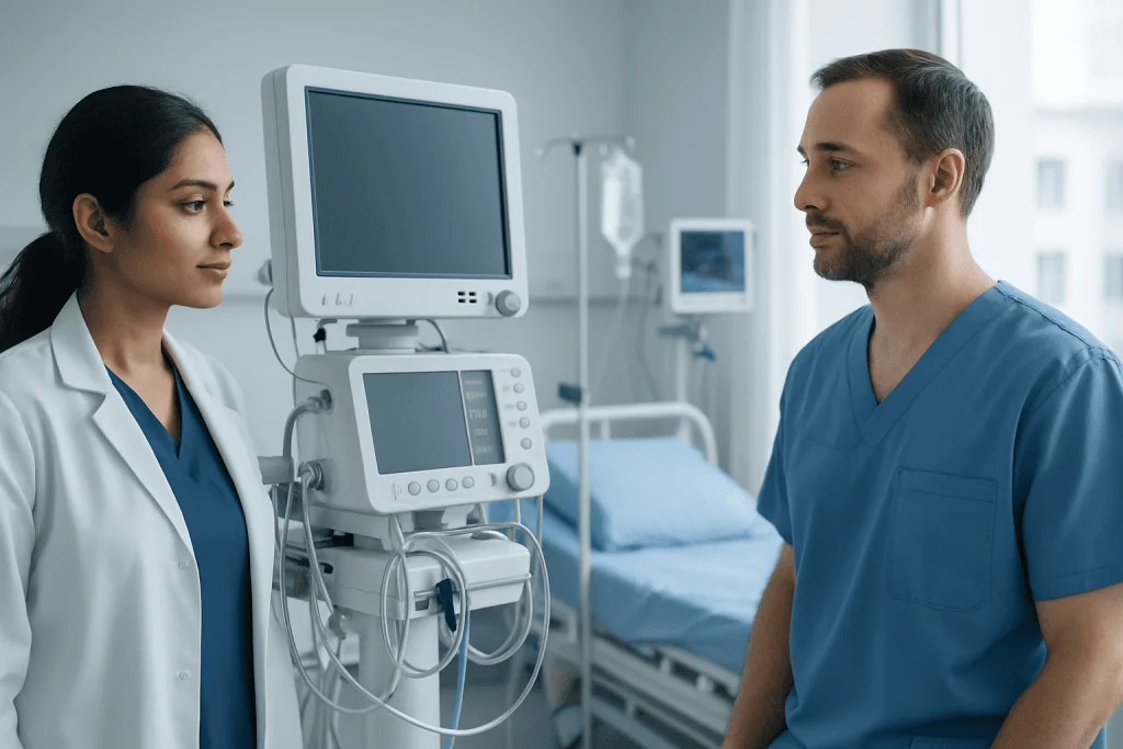 Medical professionals discussing patient care in hospital room with monitors.