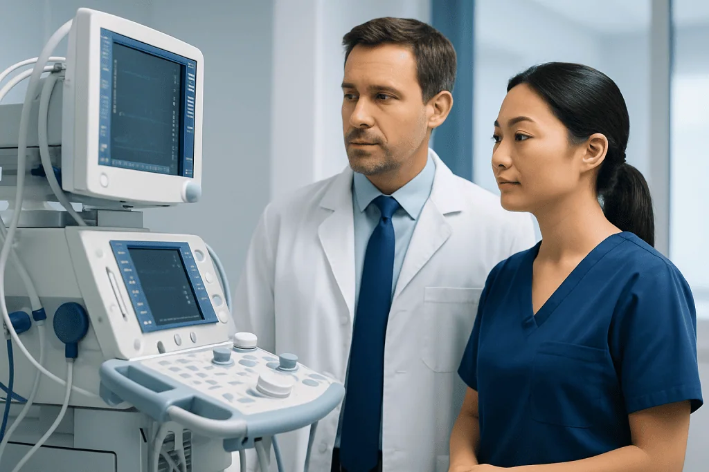 Medical professionals monitoring patient data on hospital equipment.
