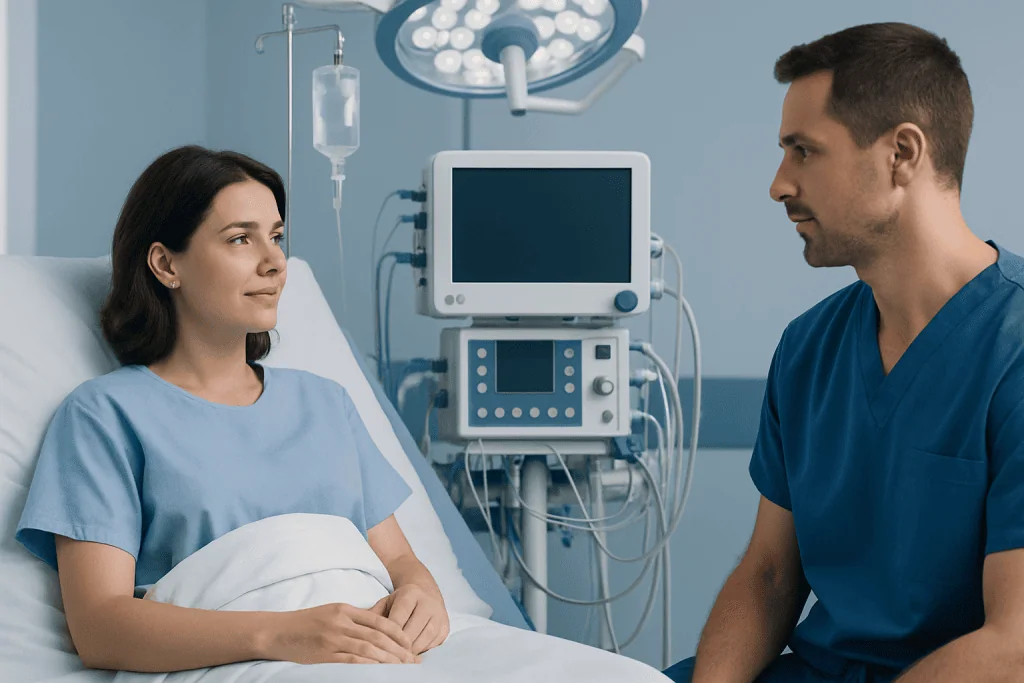 Patient and doctor in hospital room with medical equipment.