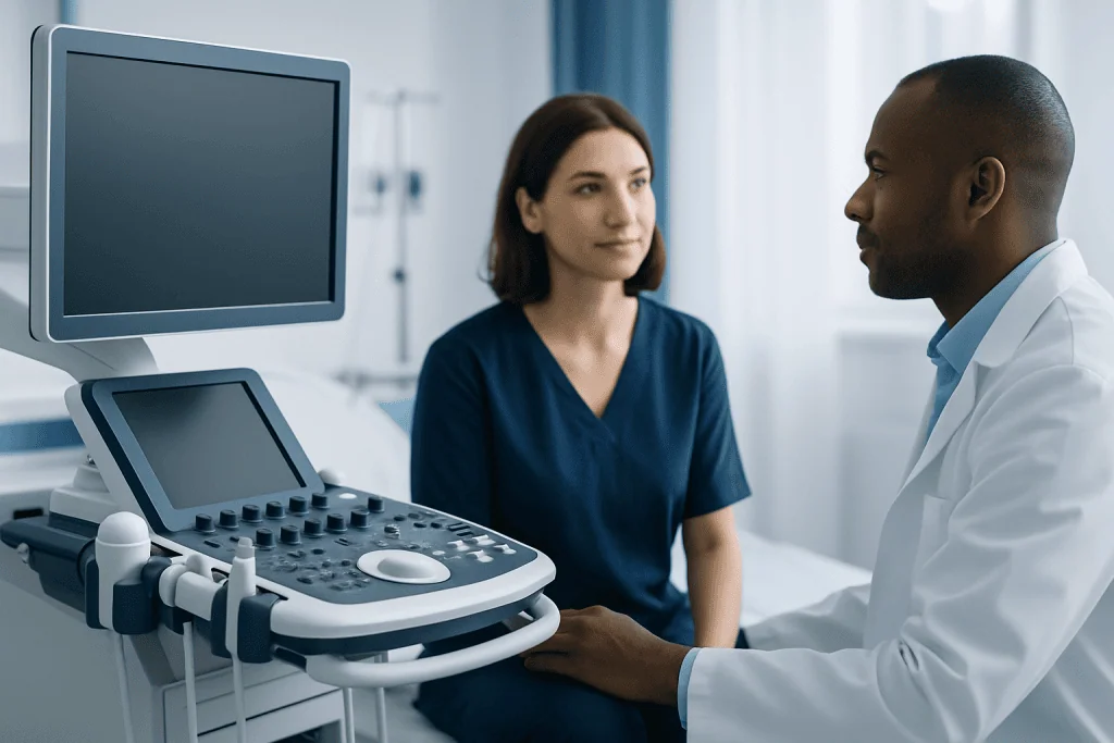 Doctor consulting a patient with ultrasound equipment in a hospital room.