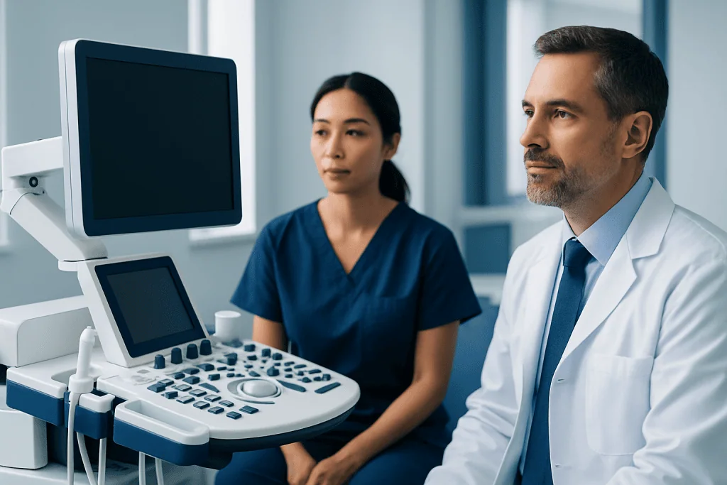 Medical professionals using ultrasound equipment in a hospital setting.