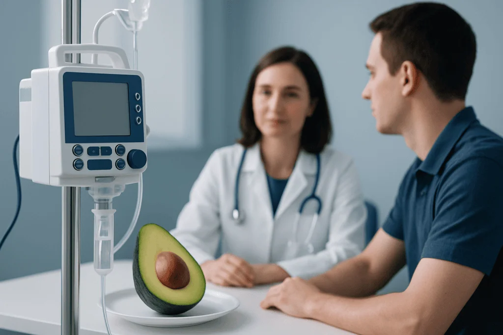 Doctor and patient discussing health with an avocado on the table.
