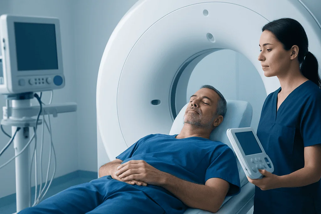 Patient undergoing MRI scan at Acibadem Hospital with medical staff present.