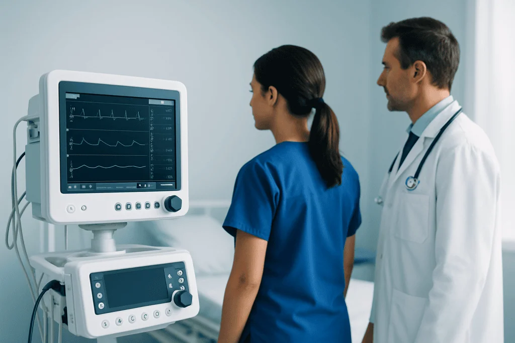 Medical professionals monitoring patient heart activity on a screen.