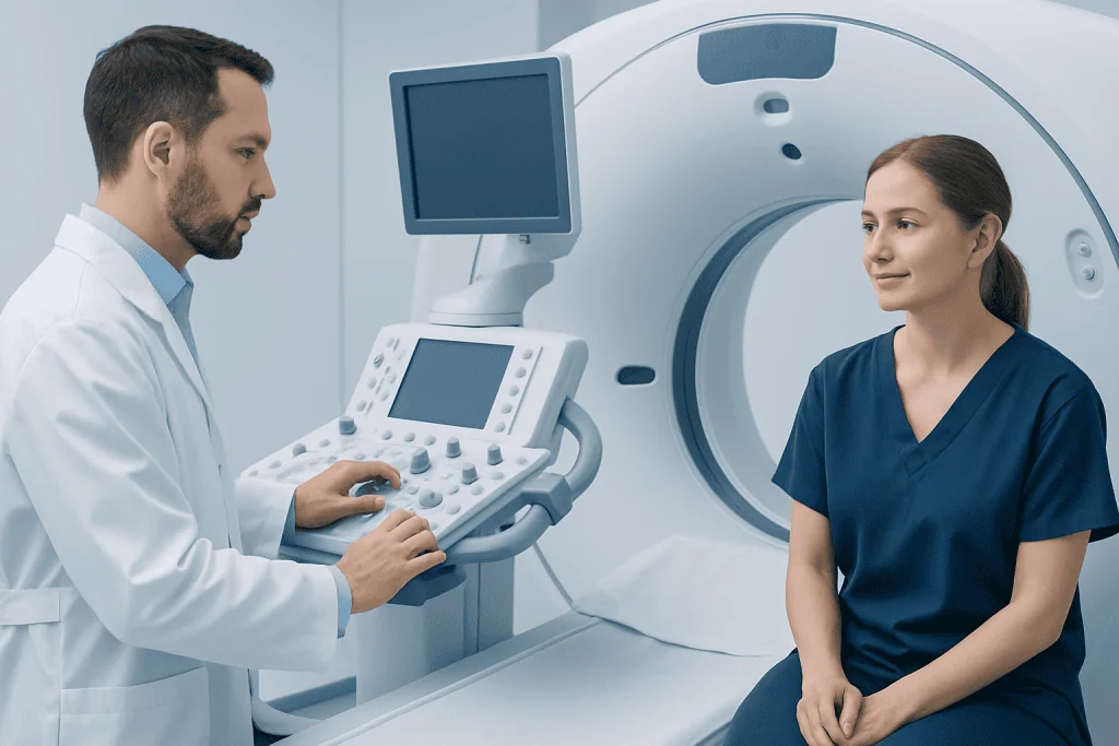 Medical technician operating MRI machine with patient in hospital setting.