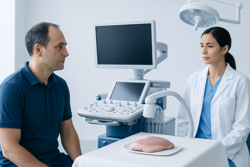 Doctor and patient in a medical consultation with ultrasound equipment.