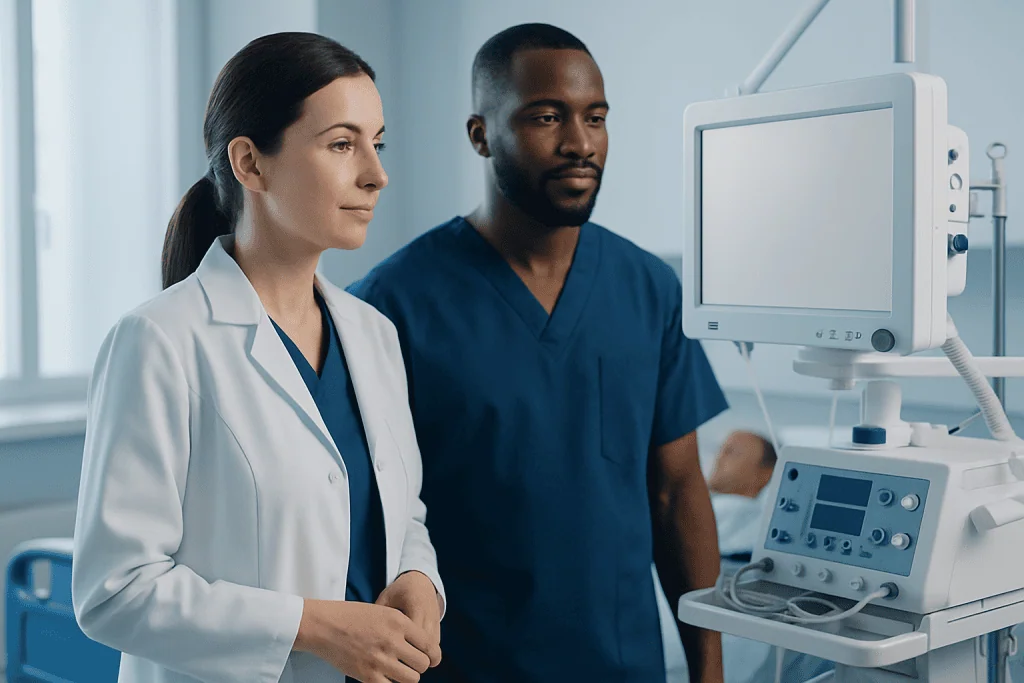 Medical professionals monitoring a patient in a hospital setting.
