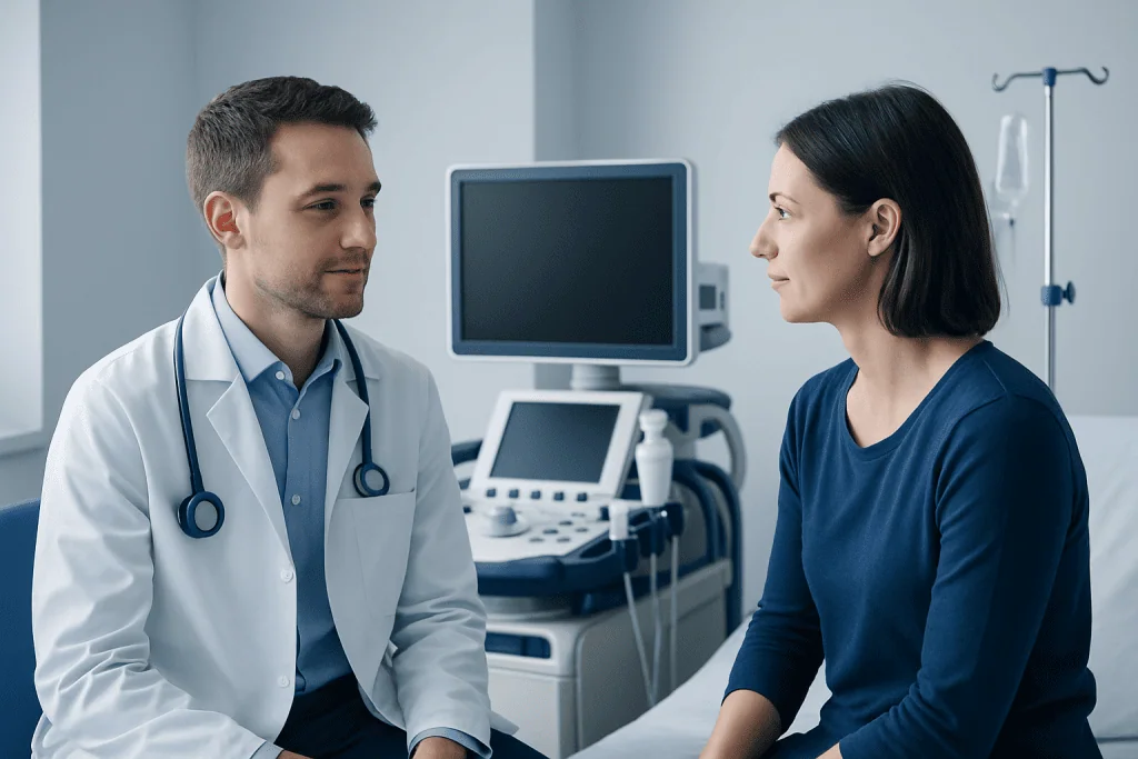 Doctor consulting with a female patient in a hospital room.