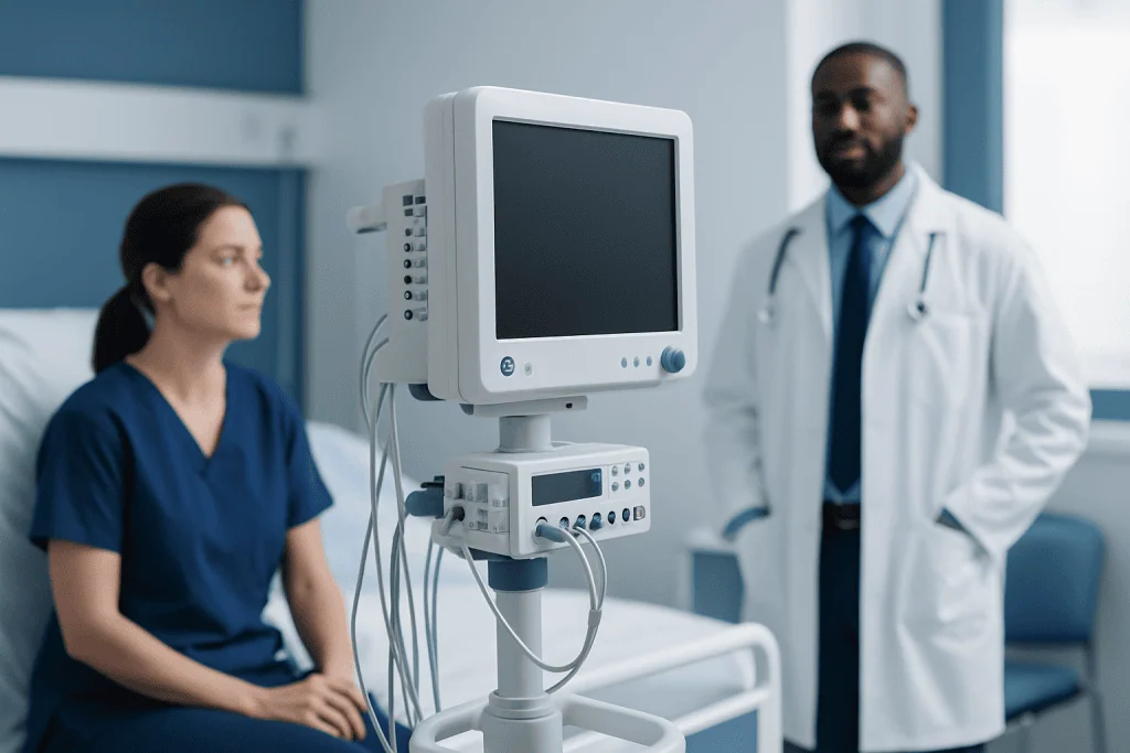 Medical consultation with a patient and doctor in a hospital room.