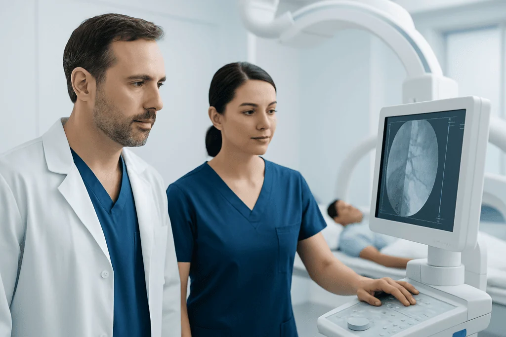 Medical professionals analyzing X-ray images in a hospital setting.