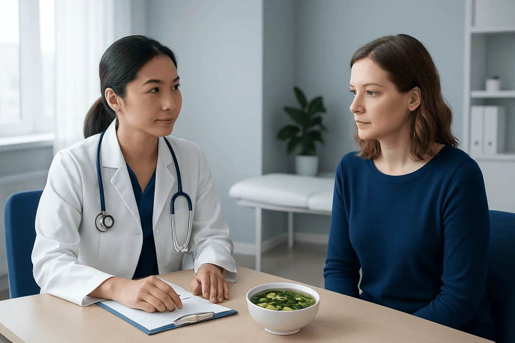 Doctor consulting a patient about health in a medical office.