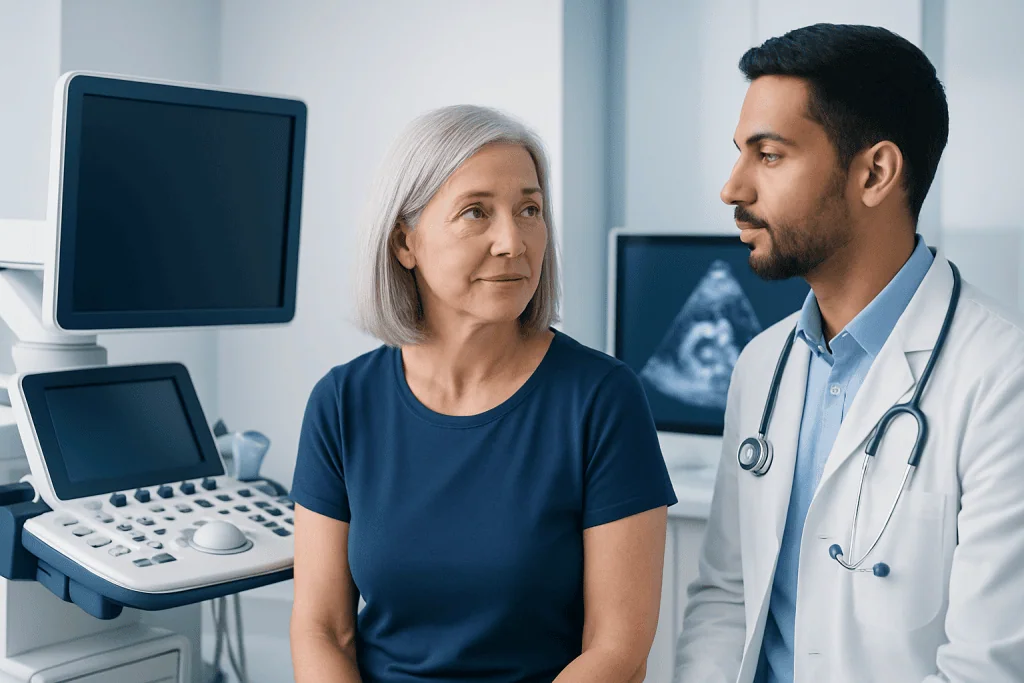 Doctor consulting with an older female patient in a medical office.