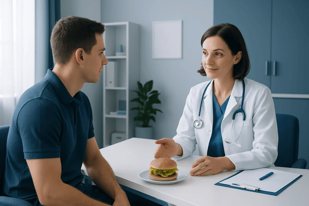 Doctor discussing burger nutrition with patient in a clinical setting.