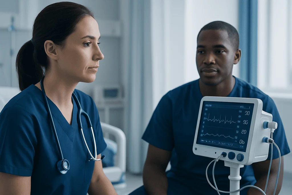 Medical professionals monitoring patient with vital signs in hospital.