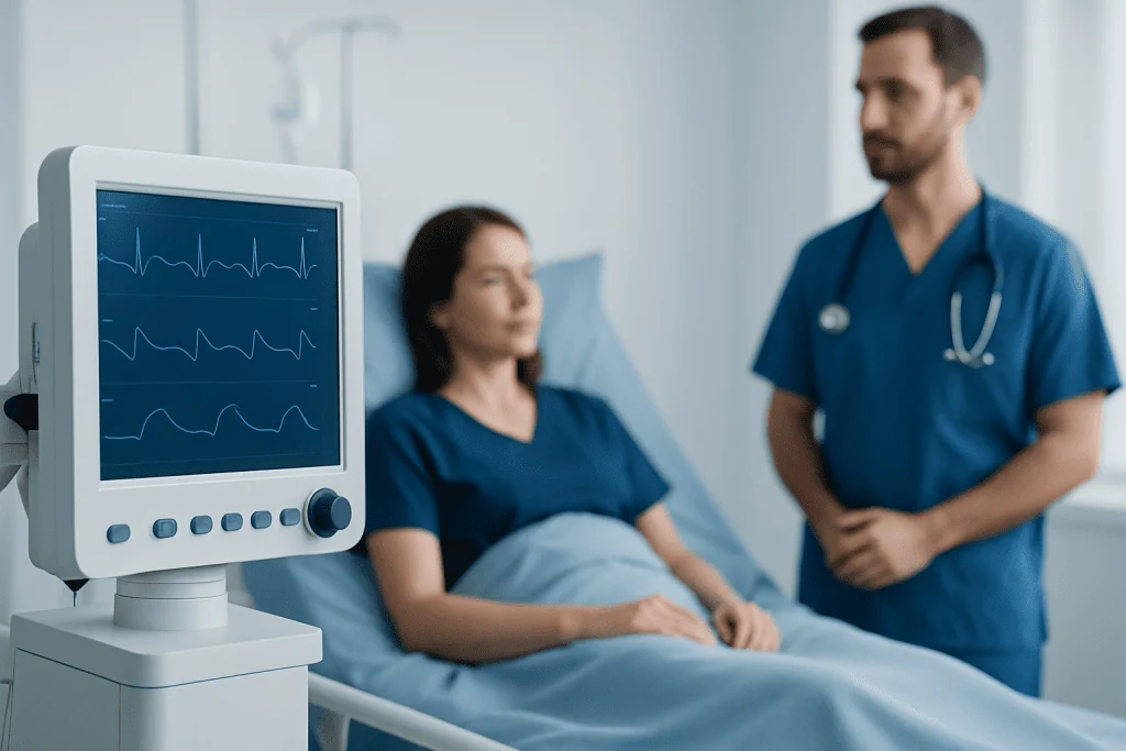 Hospital room with patient and medical staff, ECG monitor in view.