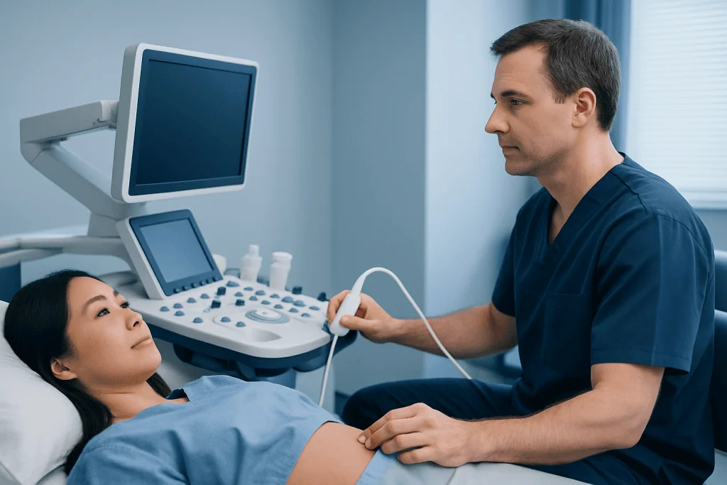 Doctor performing an ultrasound scan on a patient in a hospital room.