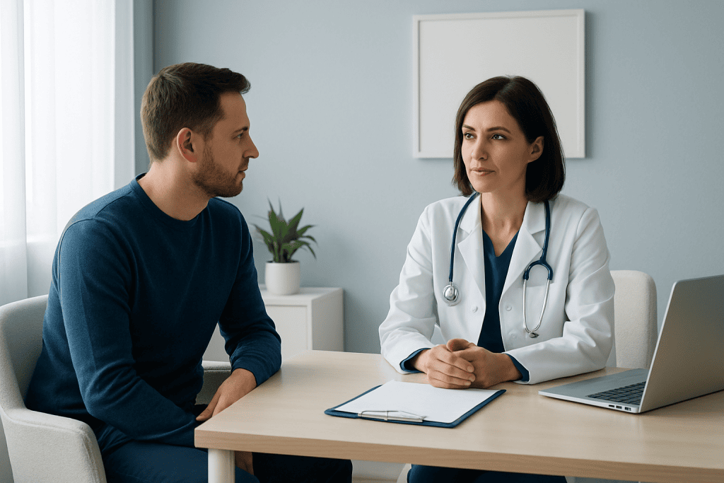 Doctor consulting with a patient in a modern medical office.