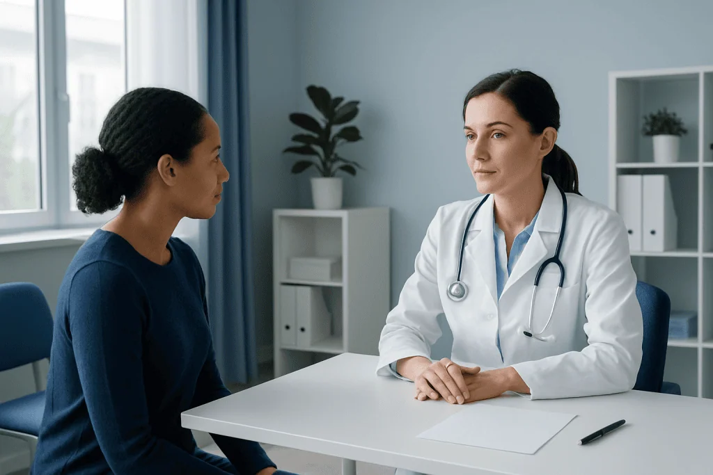 Doctor consulting with a patient in a modern medical office.