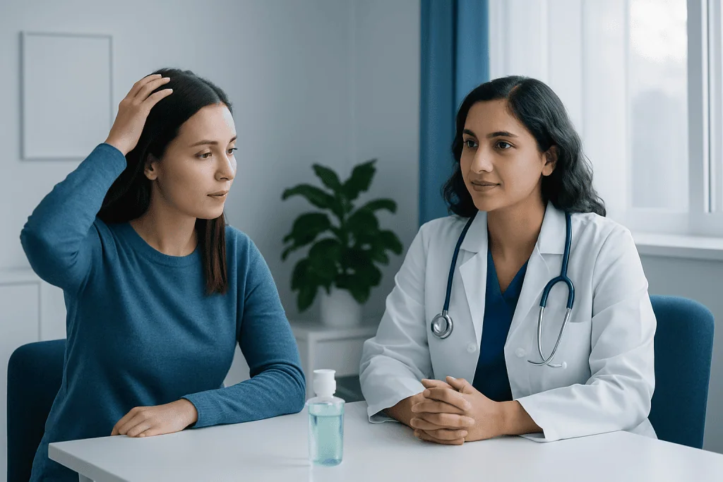Doctor consulting with a young woman in a medical office setting.