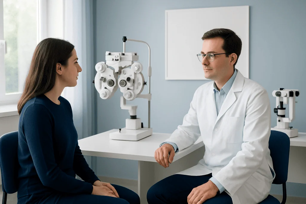 Optometrist consulting with patient in a modern eye care clinic.