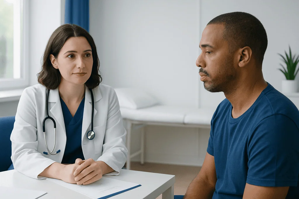 Doctor consulting male patient in a medical office setting.