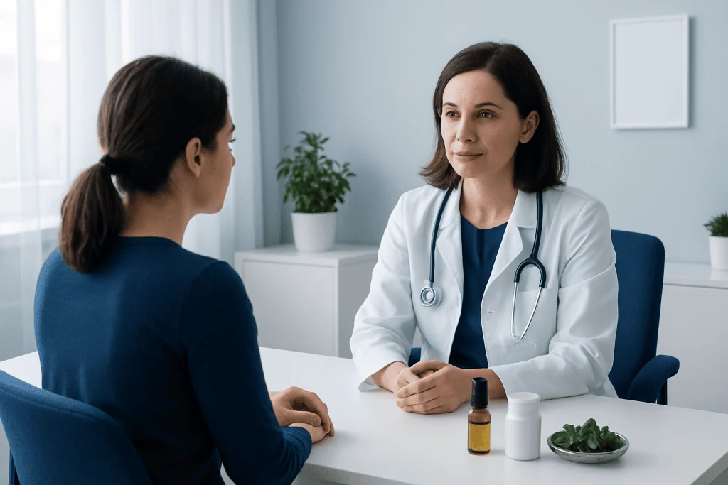 Doctor consulting with a patient in a modern medical office setting.