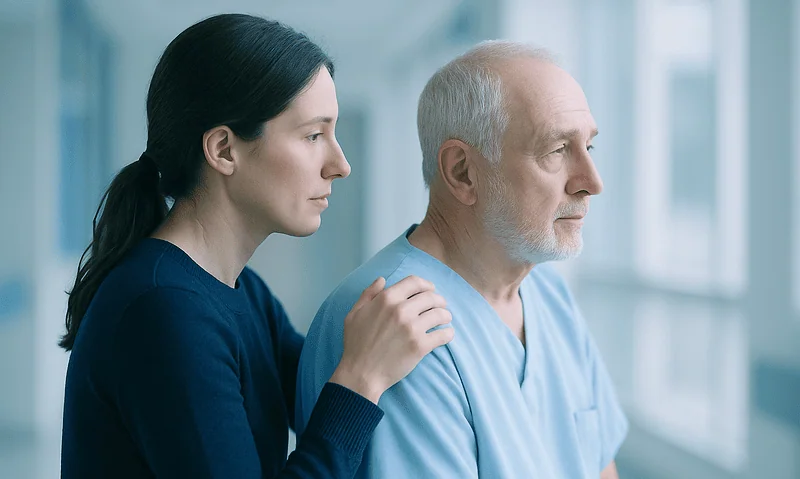 Compassionate healthcare professional supporting elderly patient in hospital corridor.