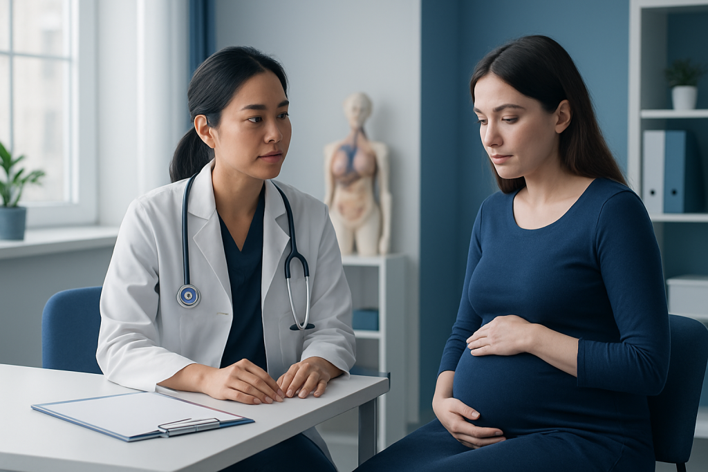 Doctor consulting pregnant woman in a medical office setting.