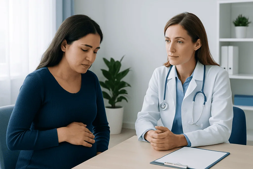 Doctor discussing miscarriage symptoms with patient in a consultation room.