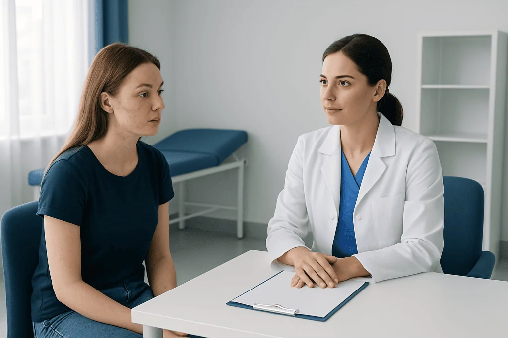 Doctor consulting with a young female patient in a medical office.