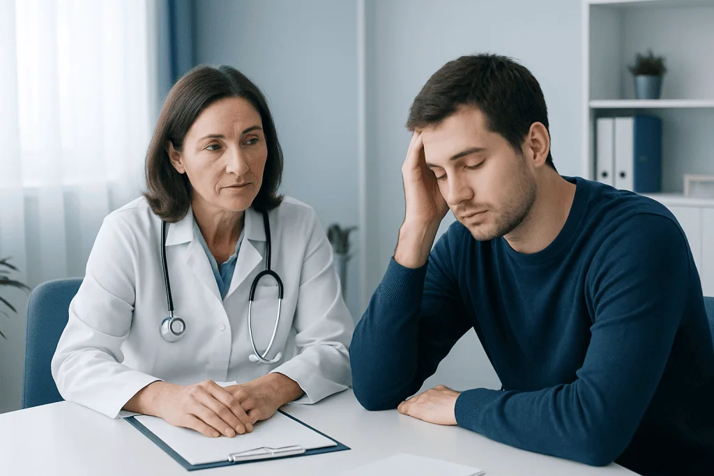 Doctor consulting with a young man experiencing sleep issues in a medical office.