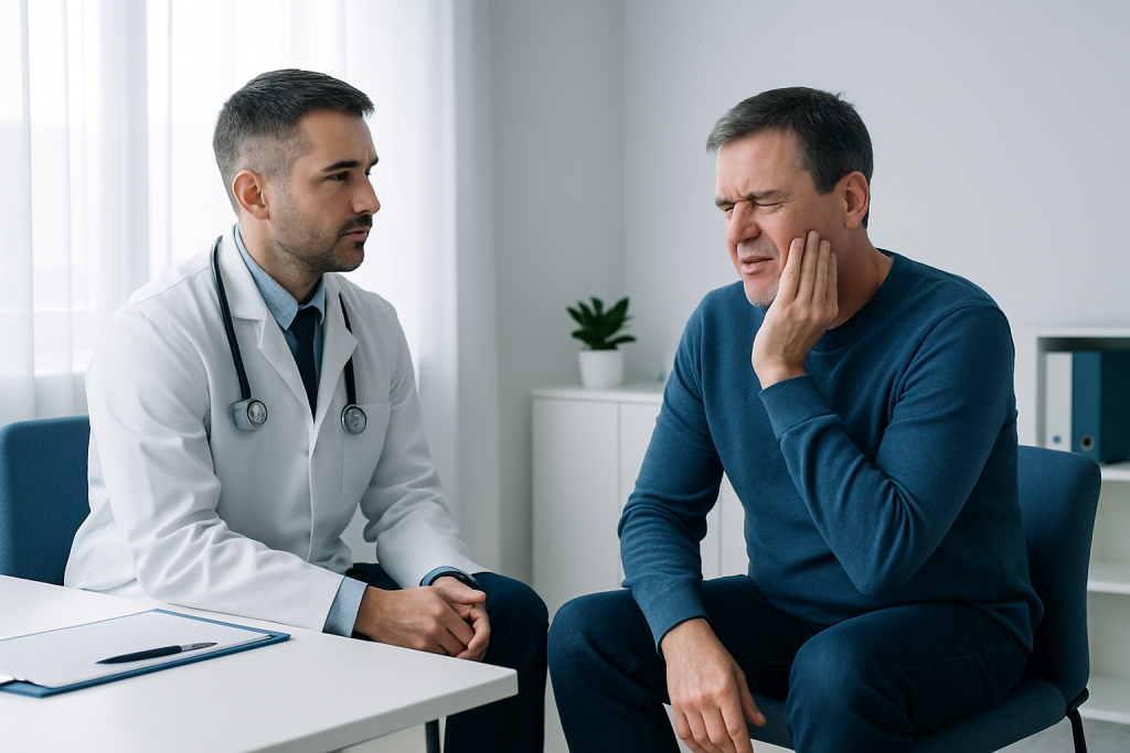 Doctor consulting with a patient experiencing jaw pain and discomfort.