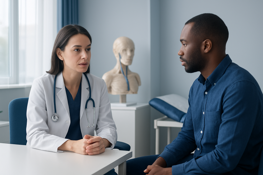 Doctor consulting patient in a medical office with anatomical model in background.