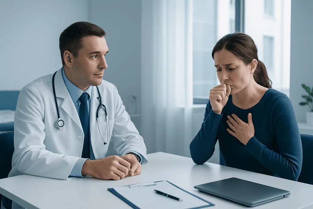 Doctor consulting with a woman about her health concerns in a medical office.