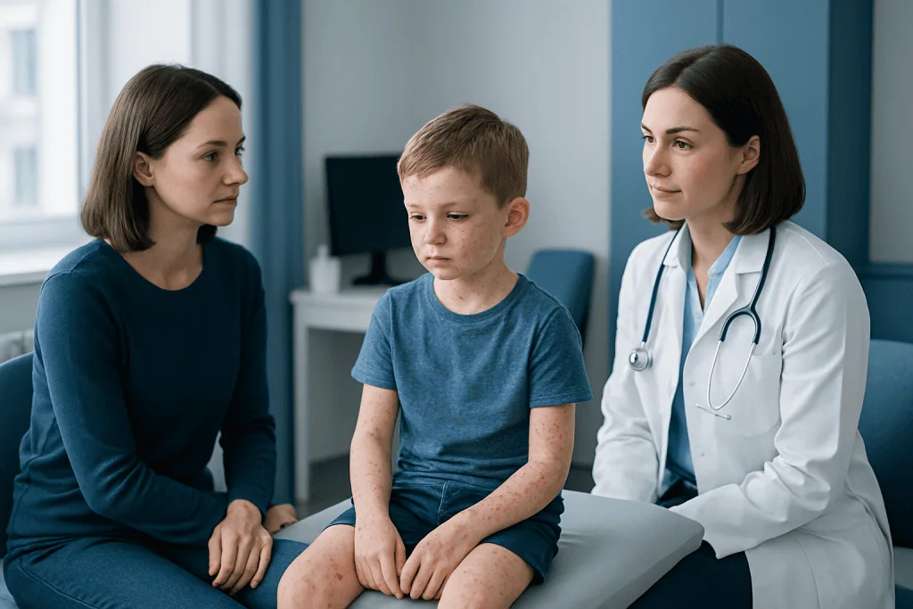 Doctor examining a young boy with a mother in a clinic setting.