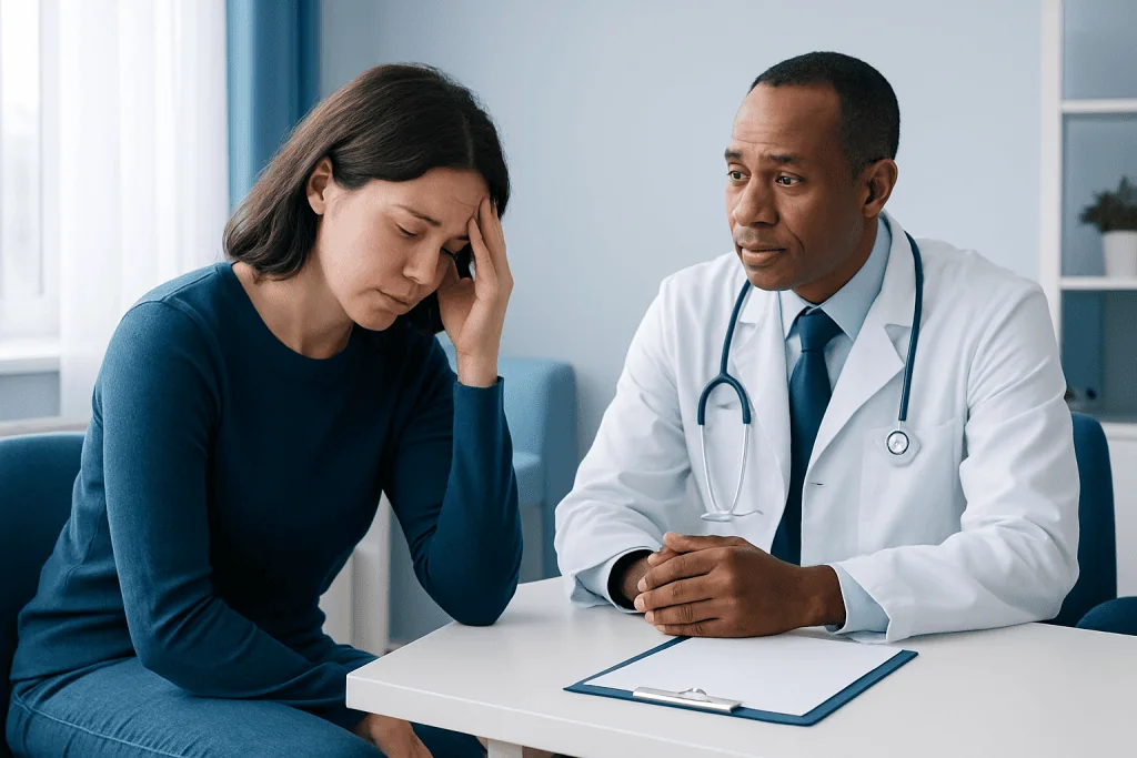 Doctor consulting with a woman patient about miscarriage symptoms.